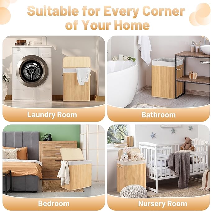 72L Slim Laundry Hamper with Lid, Foldable Bamboo Clothes Laundry Basket with - Image 3