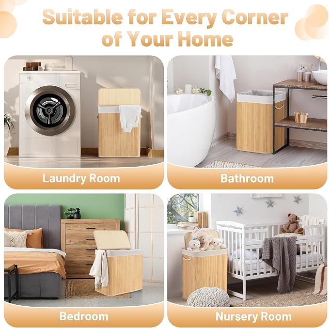100L Laundry Hamper with lid, 2-Section Clothes Laundry Basket with Handles - Image 4