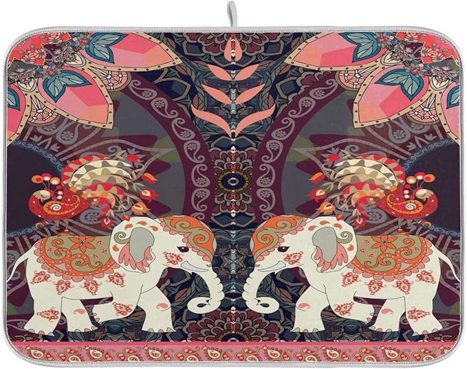Vintage Indian Elephants Peacock Absorbent Dish Drying Mat, 16 Inch x 18 Inch by Unknown