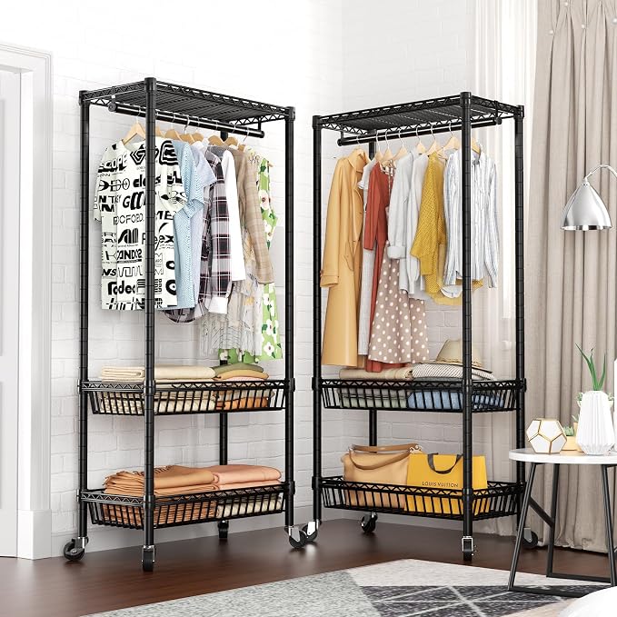 Heavy Duty Clothes Rack Rolling Garment Rack, 3 Tier Adjustable Wire Shelving - Image 3