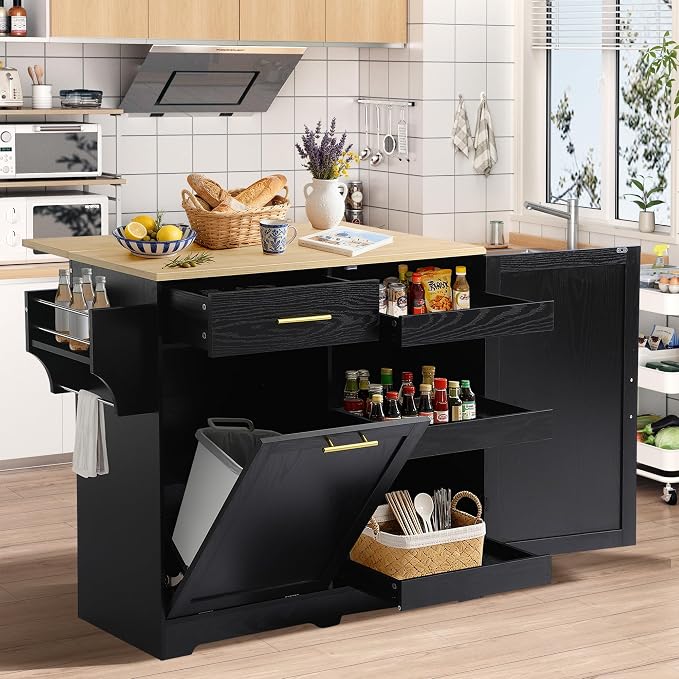 48" Kitchen Island with Trash Can Storage & Drop Leaf, Rolling Kitchen Island by Dephet