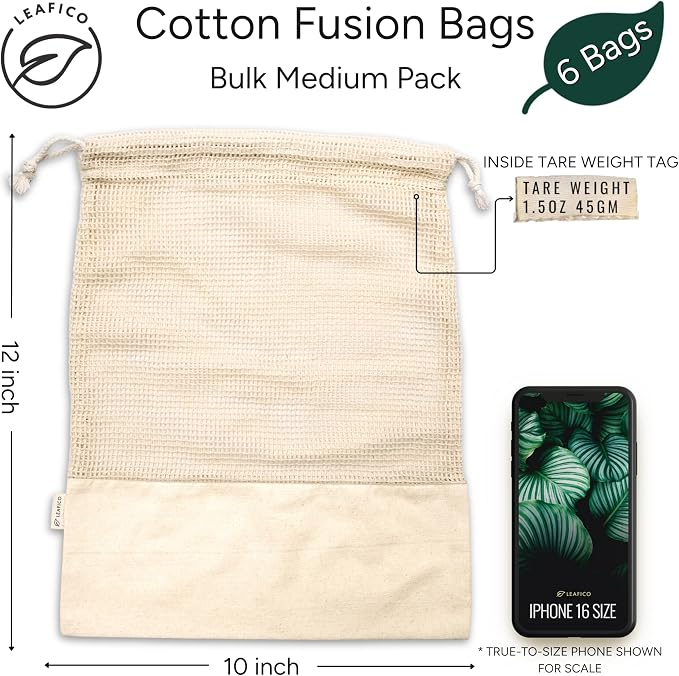 LEAFICO Reusable Produce Bags – 100% Cotton Mesh & Solid Hybrid – Reusable - Image 2