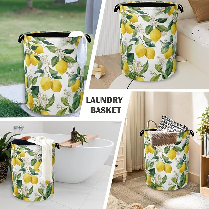 Lemon Laundry Basket, Flower Leaf Foldable Oxford Cloth Tote Bag Laundry Hamper - Image 4