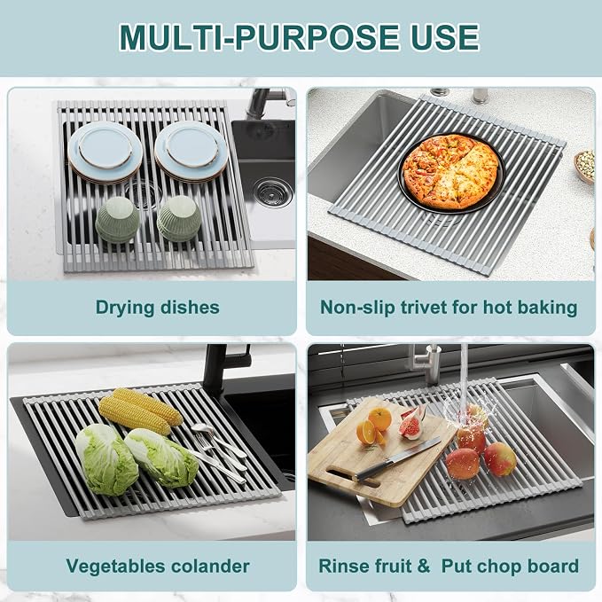 Roll Up Dish Drying Rack, Silicone Wrapped Over The Sink Multipurpose Foldable - Image 4