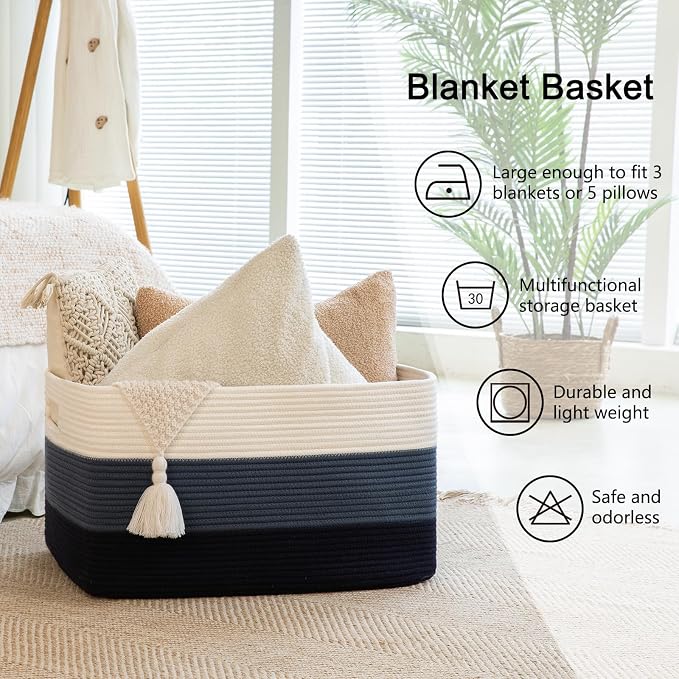 OIAHOMY Large Blanket Basket, 22”x17”x12” Rectangle Woven Baskets, Nursery - Image 6