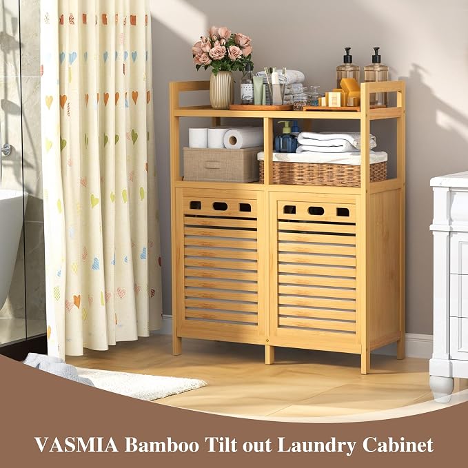 VASMIA Tilt Out Laundry Hamper Cabinet, Bamboo Double Laundry Hamper - Image 3
