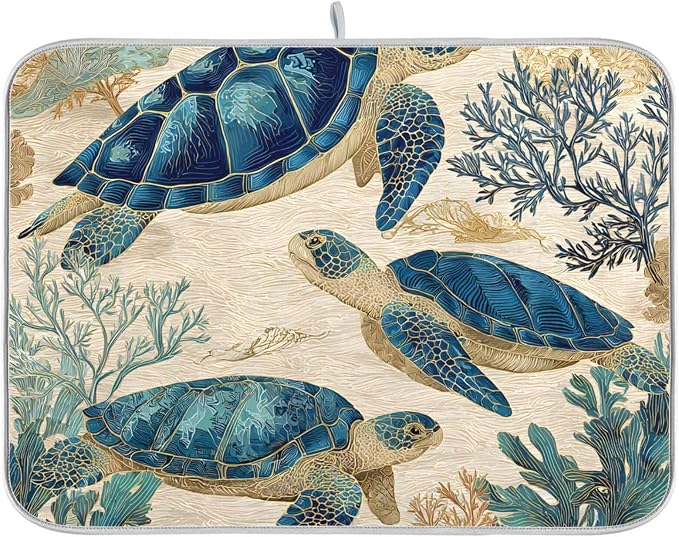 Watercolor Sea Turtle Swimming Pattern Dish Drying Mat Super Absorbent Drying by susiyo
