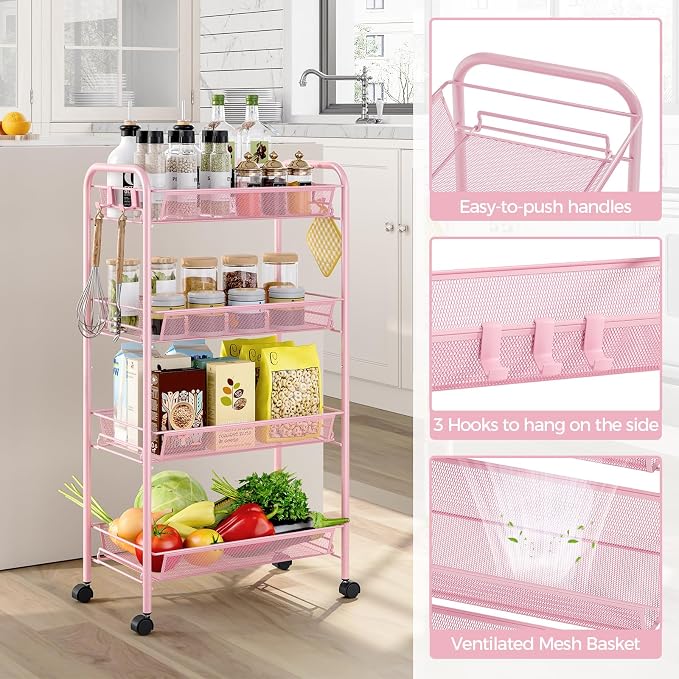 4-Tier Metal Utility Cart, Mesh Wire Rolling Cart on Wheels, Storage Trolley - Image 3