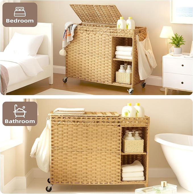 Laundry Hamper with Lid, 160L Rattan Wicker Laundry Basket with Wheels - Image 7