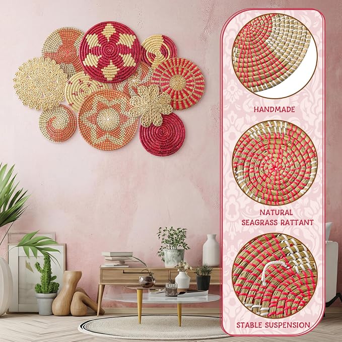 Tatuo 11 Pcs Boho Wall Basket Decor Decorative Bulrush Woven Basket Wall Decor - Image 4