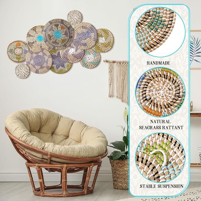 Tatuo 11 Pcs Boho Wall Basket Decor Decorative Bulrush Woven Basket Wall Decor - Image 4