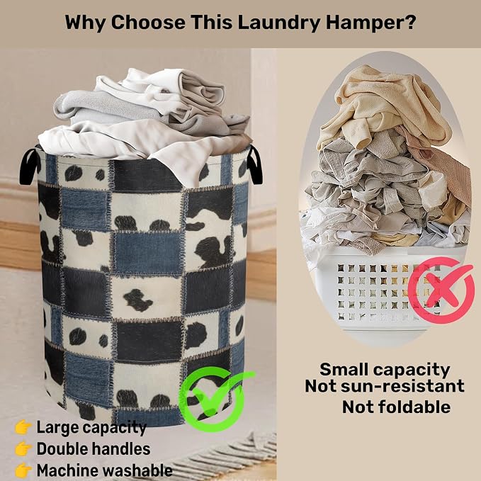 Denim Patchwork Cow Print Large Clothes Hamper Bag - Image 3