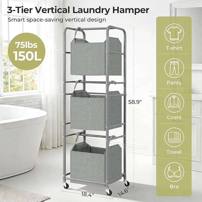 150L 3-Tier Vertical Laundry Hamper Sorter - Image 3