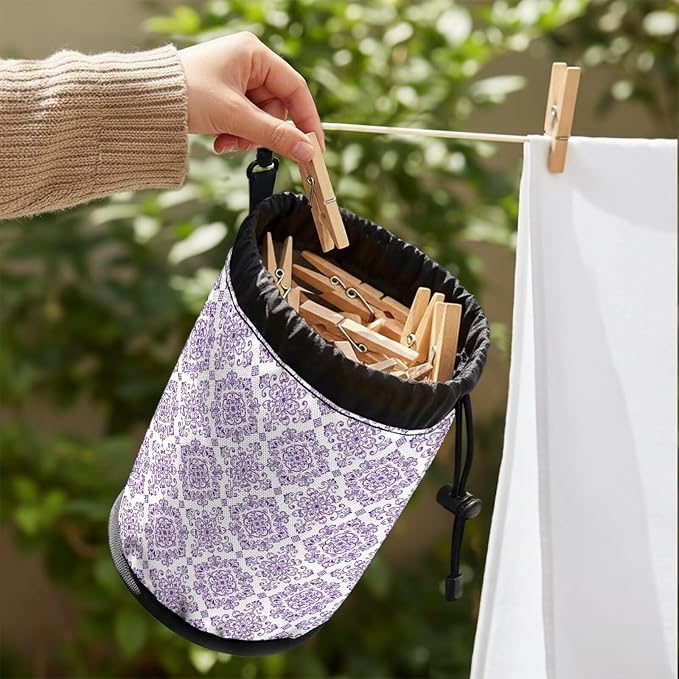 Clothespin Bag Holder Purple Damask Pattern Hanging Clothespin Bag - Image 4