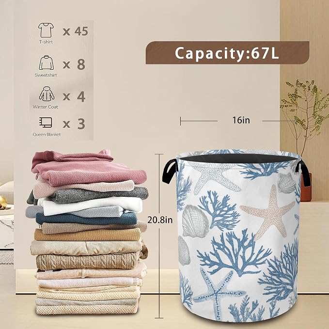 Starfish Seashell Laundry Basket, Coral Collapsible Laundry Baskets - Image 3