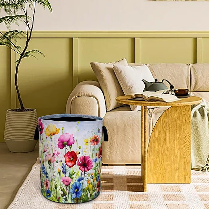 Colorful Flowers Laundry Basket Boho Floral Print Foldable Waterproof Oxford - Image 8