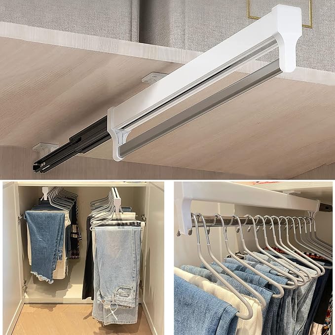 Pull Out Closet Valet Rod, Adjustable Sliding Heavy Duty Steel Top Mounted - Image 2