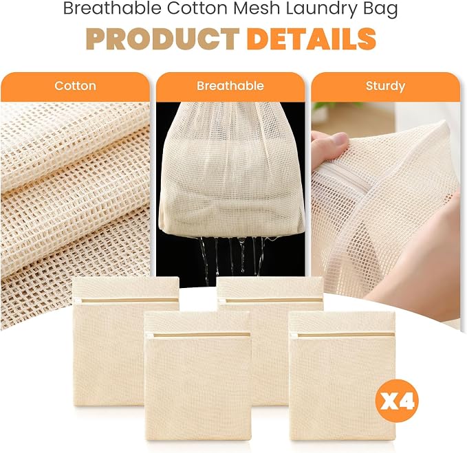4Pcs Cotton Mesh Laundry Bags for Delicates, Breathable Mesh Garment Bag for - Image 3