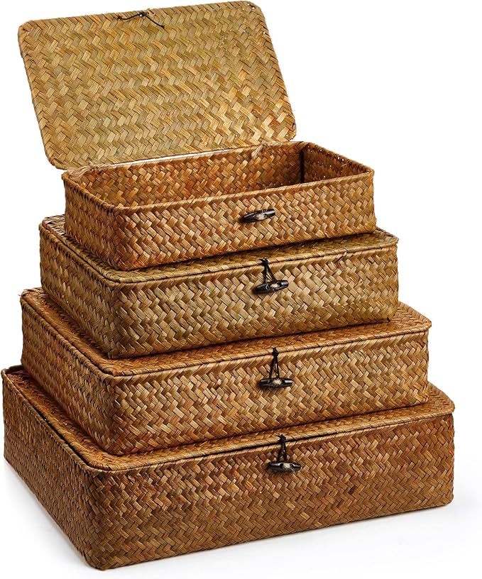 Set of 4 Seagrass Basket with Lid Wicker Storage Basket Decorative Storage by Didaey