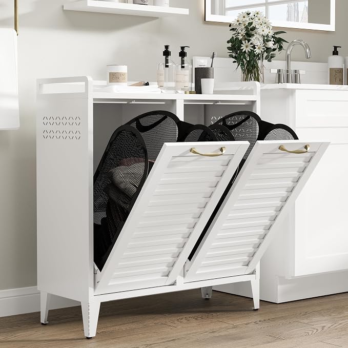 100L Dual Laundry Hamper Cabinet, 2-Section Metal Laundry Sorter - Image 5