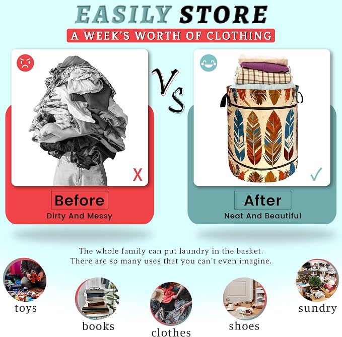 Boho Feather Print Laundry Basket Western Funny Laundry Hamper Foldable Oxford - Image 3