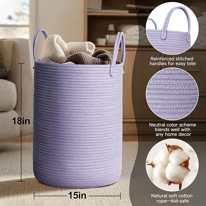 Purple Woven Laundry Basket, Decorative Baby Nursery Clothes Hamper - Image 2