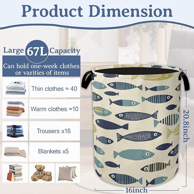 Cute Fish Laundry Basket, Foldable Oxford Cloth Boho Laundry Hamper - Image 2
