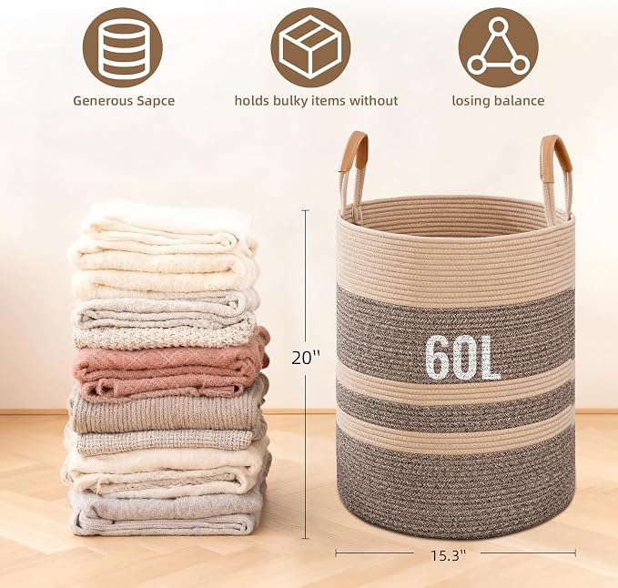 60L Striped Laundry Basket, Dark Brown Laundry Hamper - Image 4