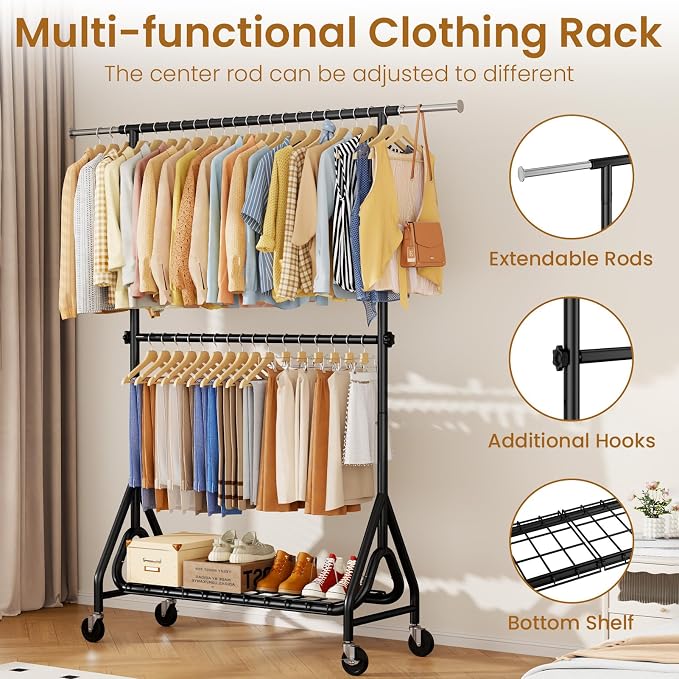 Heavy Duty Clothes Rack for Hanging Clothes, Double Rods Clothing Rack - Image 3