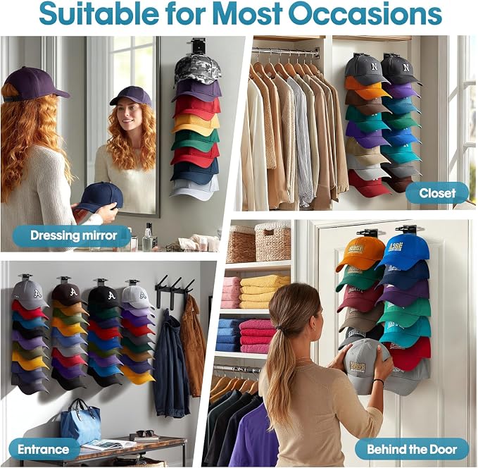 Hat Organizer for Baseball Caps, 2 Pack Hat Rack for Wall Closet Door Hold up - Image 4