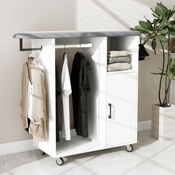 Rolling Ironing Board with Storage, Ironing Cart with Iron Holder and Coat by Fmlud