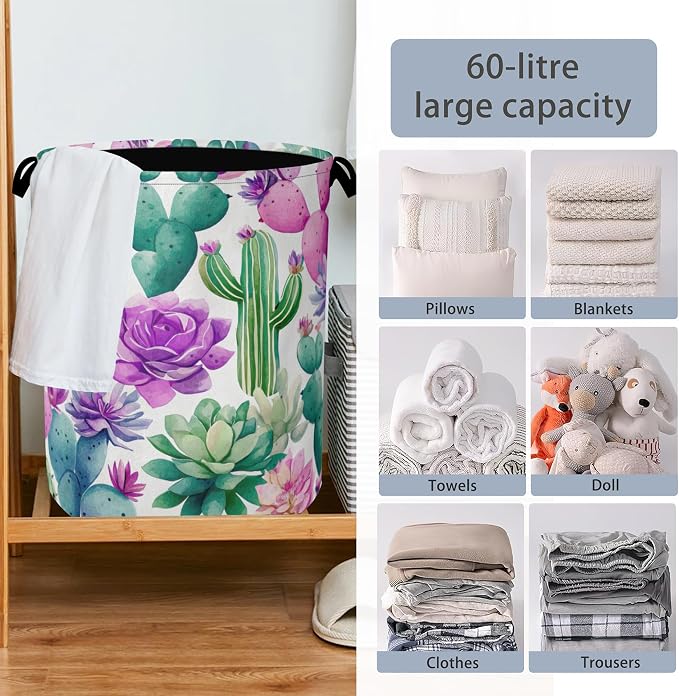 Cactus Succulents Laundry Basket, Foldable Oxford Cloth Tote Bag Laundry Hamper - Image 6