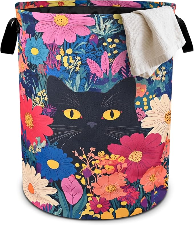 Black Cat Floral Laundry Basket Foldable Oxford Cloth Tote Bag Laundry Hamper by bassyilCustomizedforlife