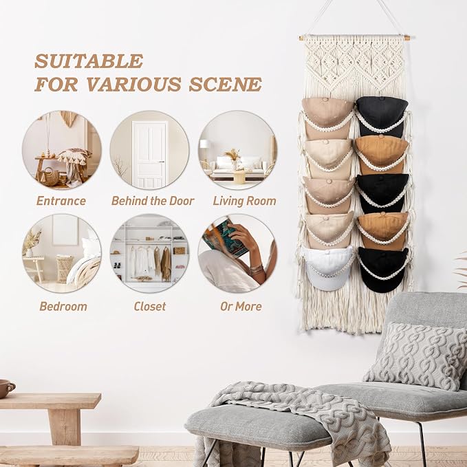 Macrame Hat Hangers for Wall Handmade Boho Baseball Cap Hanger Hand Knitting - Image 4