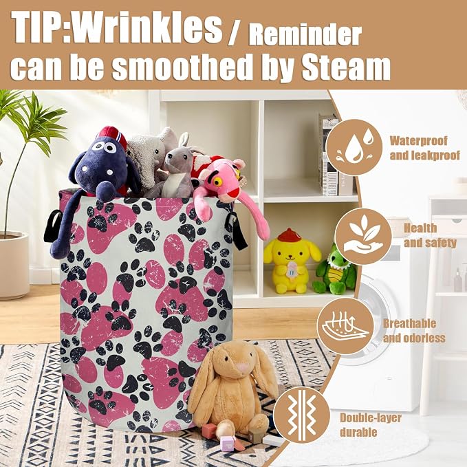 Pink Paw Print Laundry Basket, Foldable Waterproof Laundry Hamper Tote Bag - Image 5