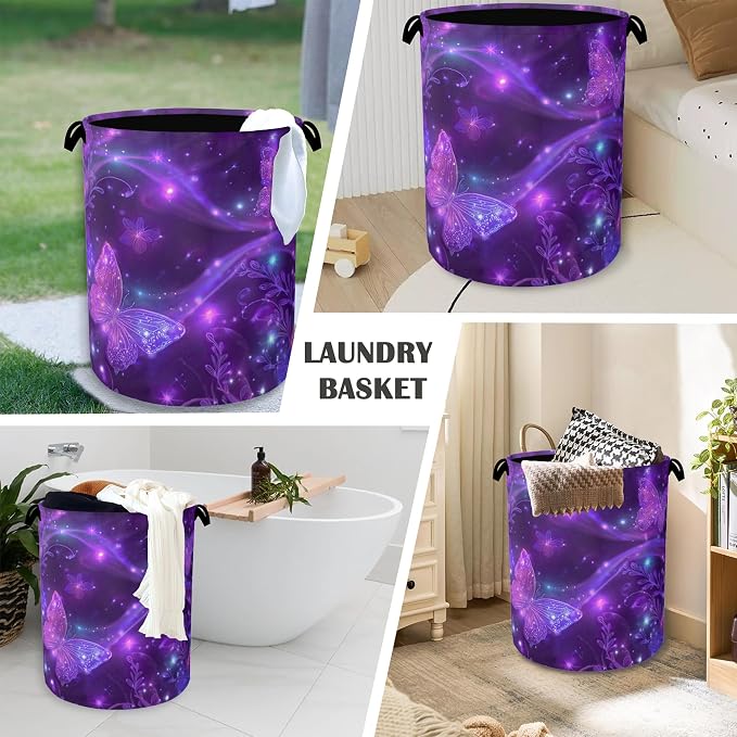 Purple Butterfly Laundry Hamper, Sparkling Dirty Clothes Laundry Basket - Image 4