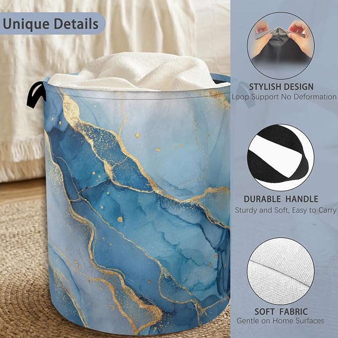 Blue Gold Marble Laundry Basket, Foldable - Image 3