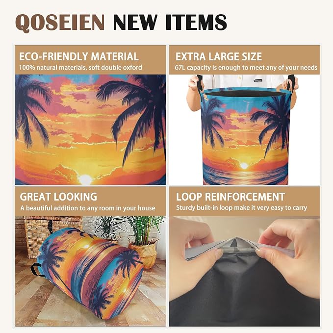 Laundry Hamper, Tropical Palm Laundry Basket, Sunset Sea Beach Waterproof - Image 2