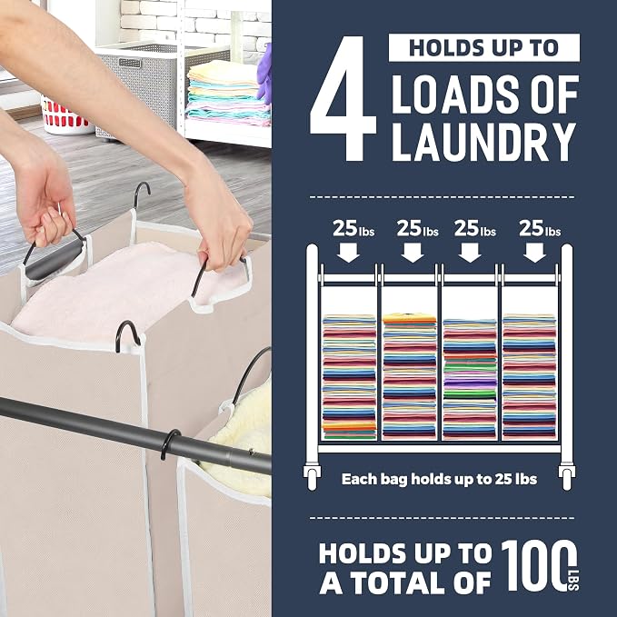 STO STO Laundry Sorter 4 Section, 4 Bag Clothes Hamper, Rolling Laundry Cart - Image 4