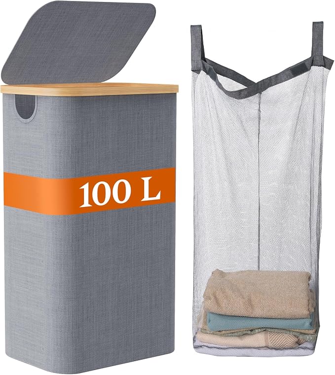 Laundry Baskest with Lid, 100L Large Tall Laundry Hamper with Removable Bag by JOLLYIN