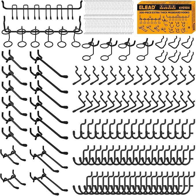 ELEAD 200-Piece Extra Thick Pegboard Hooks Set, 1/4" Heavy Duty Black Peg Board by ELEAD