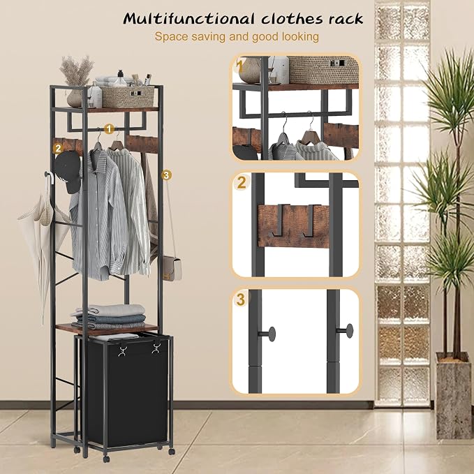 Coat Rack with Laundry Basket, Laundry Hamper Freestanding Hall Tree, Clothes - Image 5