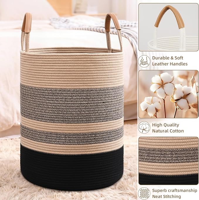 60L Striped Laundry Basket, Woven Cotton Rope Storage Bin - Image 6