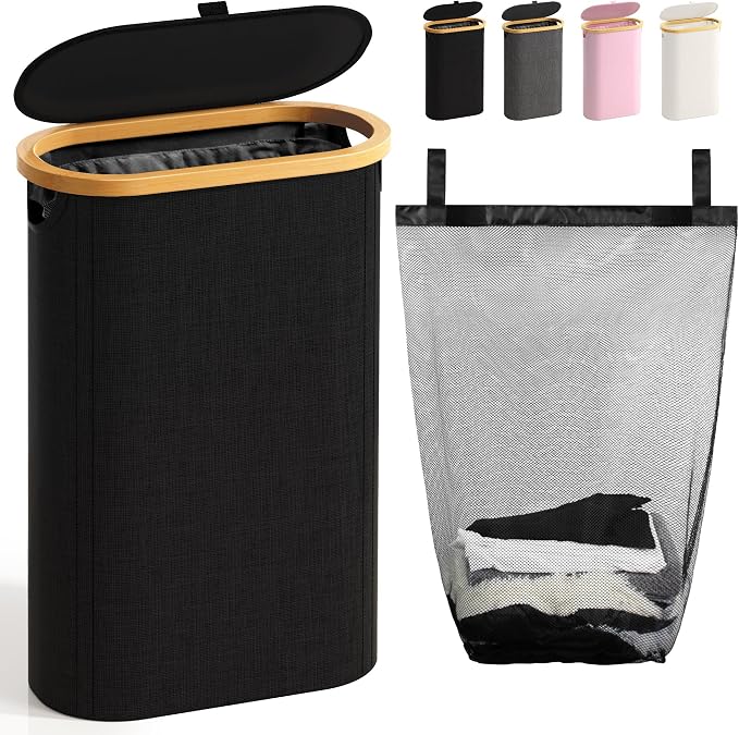 Slim Laundry Hamper with Lid, 60L Small Laundry Basket with Handles&Removable by Bathola