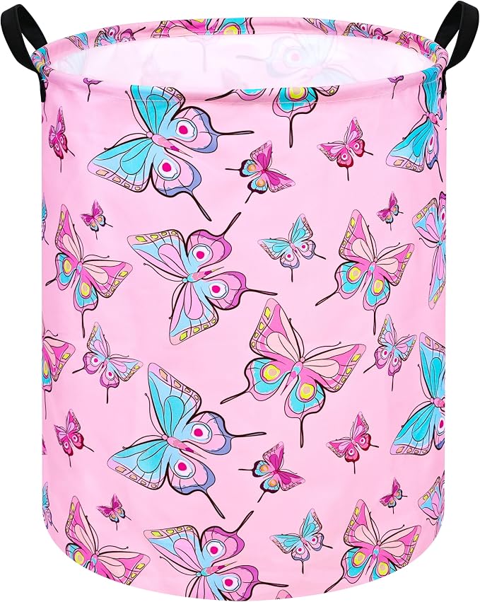 Round Pink Butterfly Laundry Basket Storage Bins Nursery Hamper Gift Baskets by VAIVUSTO