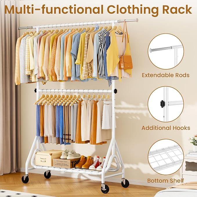 Heavy Duty Clothes Rack for Hanging Clothes, Double Rods Clothing Rack - Image 3