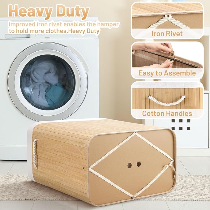 100L Laundry Hamper with lid, 2-Section Clothes Laundry Basket with Handles - Image 8