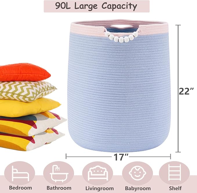 90L Large Blue Woven Rope Laundry Hamper Basket - Image 5