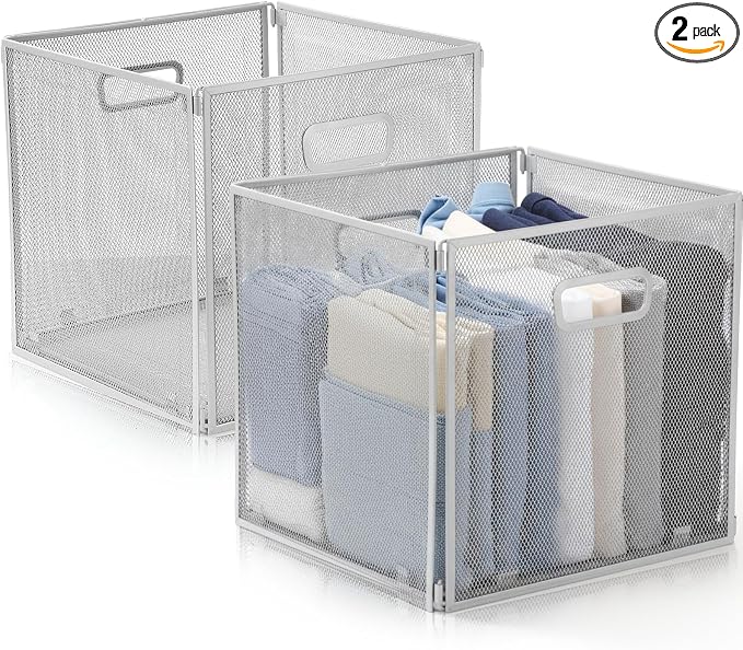 2 Pcs Easter Foldable Metal Cube Storage Baskets 13" x 13" Gray Kitchen Wire by Funnymoom