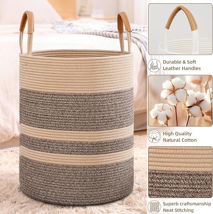 60L Striped Laundry Basket, Dark Brown Laundry Hamper - Image 6